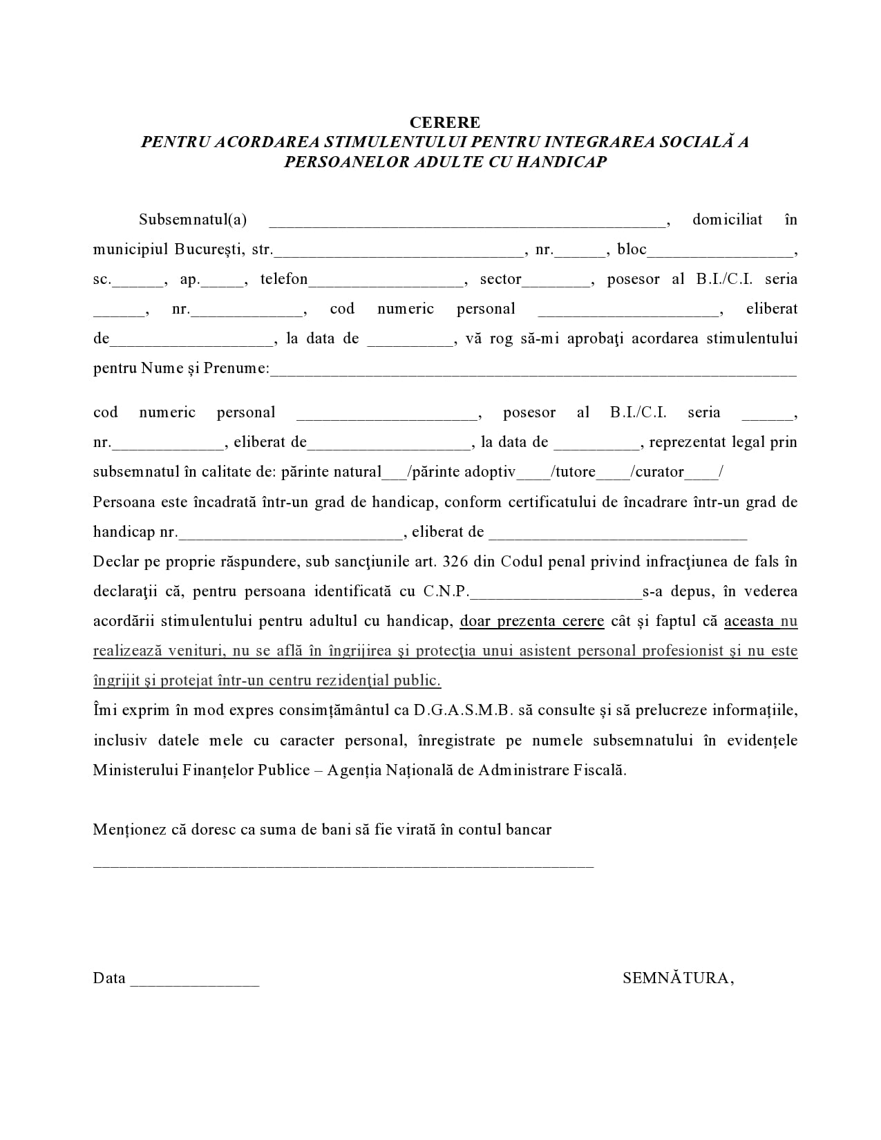 CERERE TIP SOLICITARE STIMULENT FINANCIAR PENTRU PERSOANE ADULTE CU HANDICAP DIN BUCURESTI