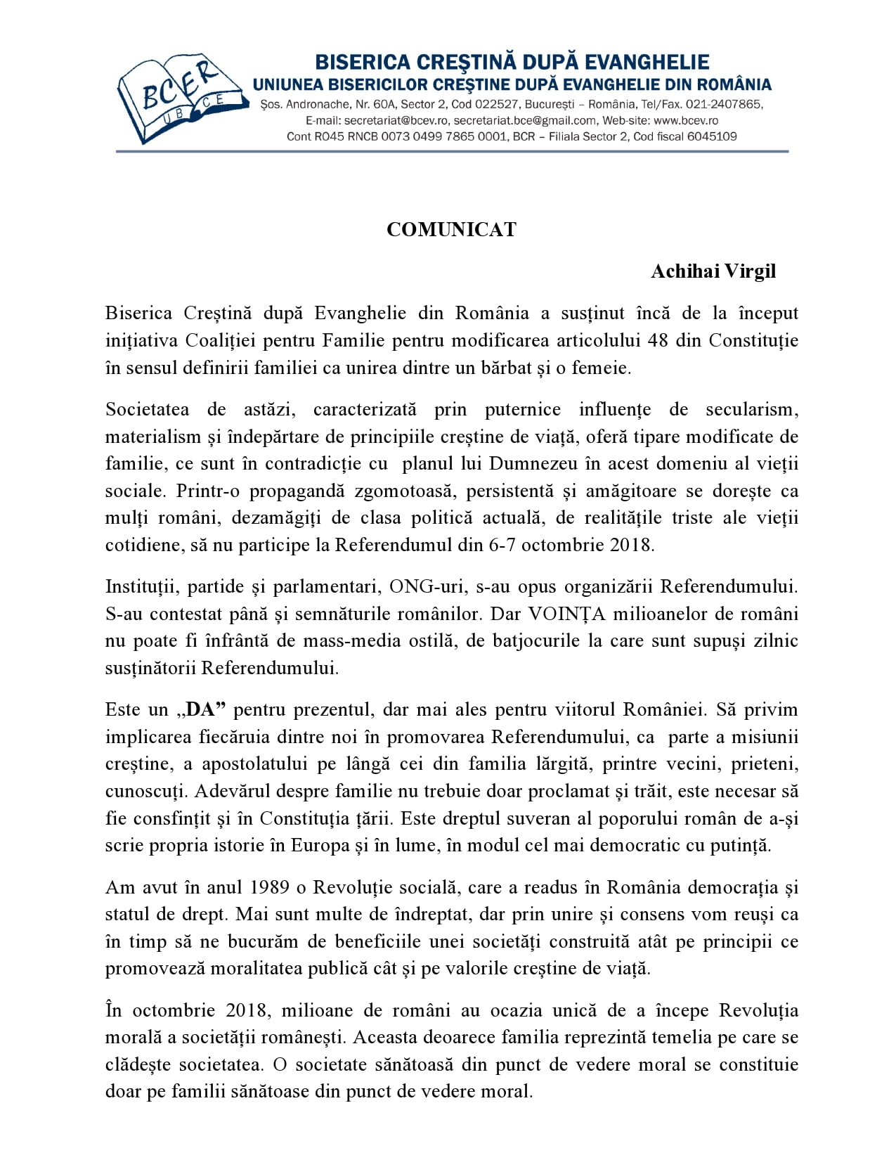 comunicat apel catre toti crestinii dupa evanghelie pentru promovare si sustinere referendum organizat in zilele 6 si 7 octombrie 2018 partea intai comunicat apel catre toti crestinii dupa evanghelie pentru promovare si sustinere referendum organizat in zilele 6 si 7 octombrie 2018 partea intai