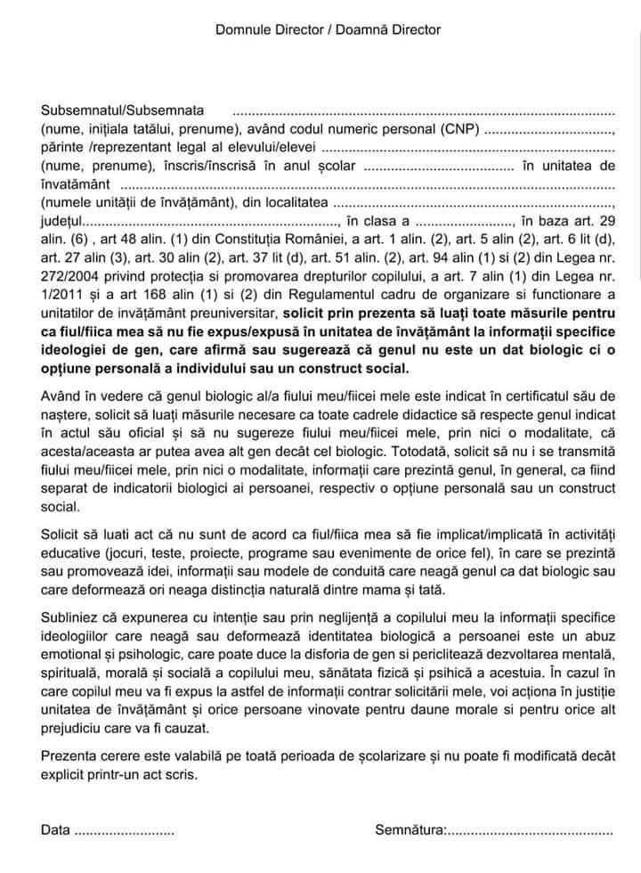 CERERE TIP A PARINTELUI CATRE SCOALA SAU LICEU IMPOTRIVA EXPUNERII COPILULUI LA IDEOLOGIA DE GEN CERERE TIP A PARINTELUI CATRE SCOALA SAU LICEU IMPOTRIVA EXPUNERII COPILULUI LA IDEOLOGIA DE GEN