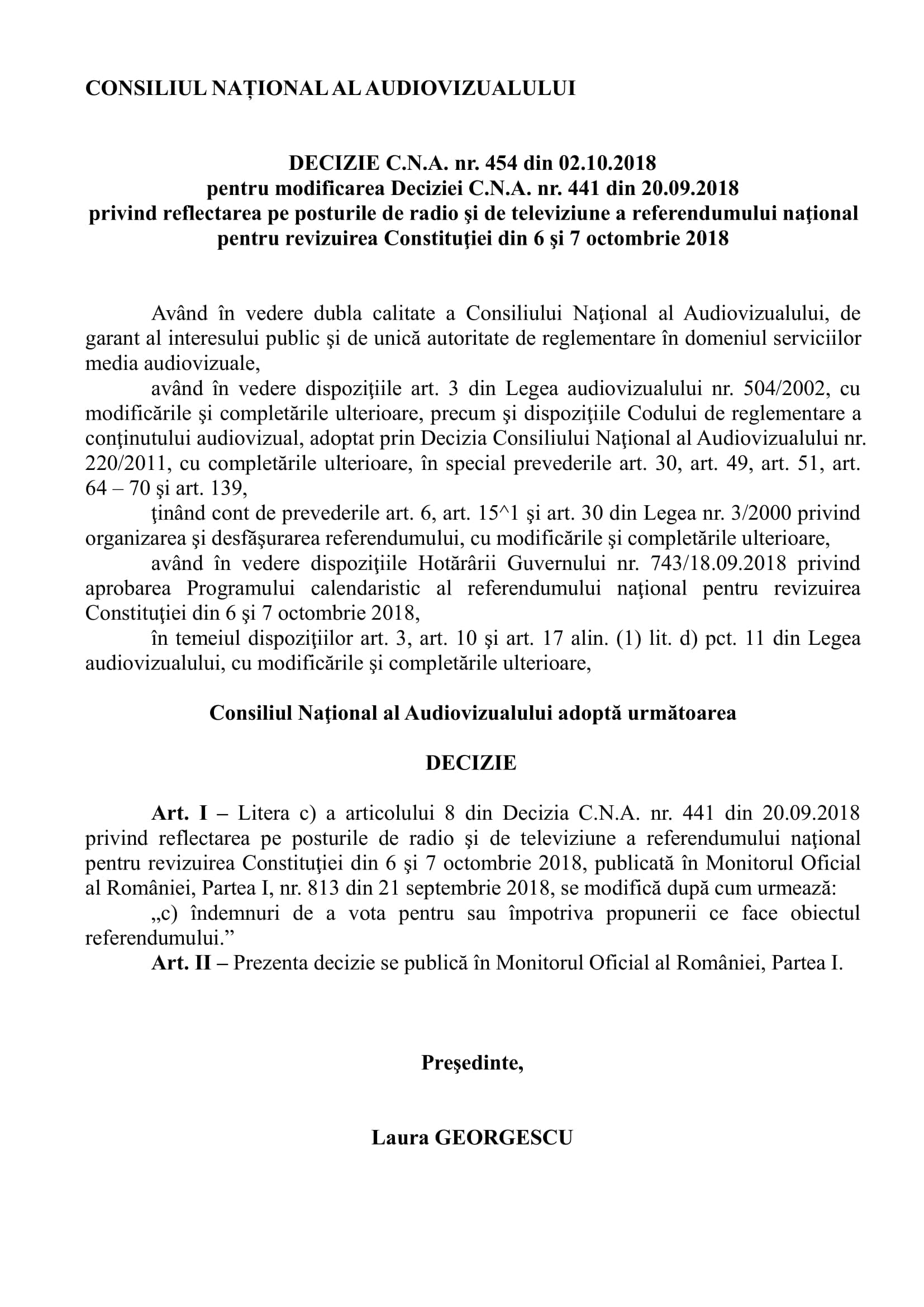 DECIZIA CNA 454/02.10.2018 PRIVIND MODIFICAREA DECIZIEI CNA 441/20.09.2018 DECIZIA CNA 454/02.10.2018 PRIVIND MODIFICAREA DECIZIEI CNA 441/20.09.2018