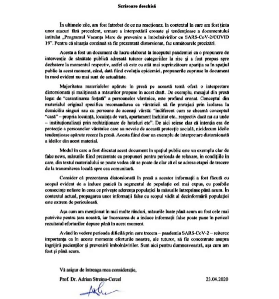 SCRISOARE DESCHISA ADRIAN STREINU CERCEL 23 APRILIE 2020 SCRISOARE DESCHISA ADRIAN STREINU CERCEL 23.04.2020