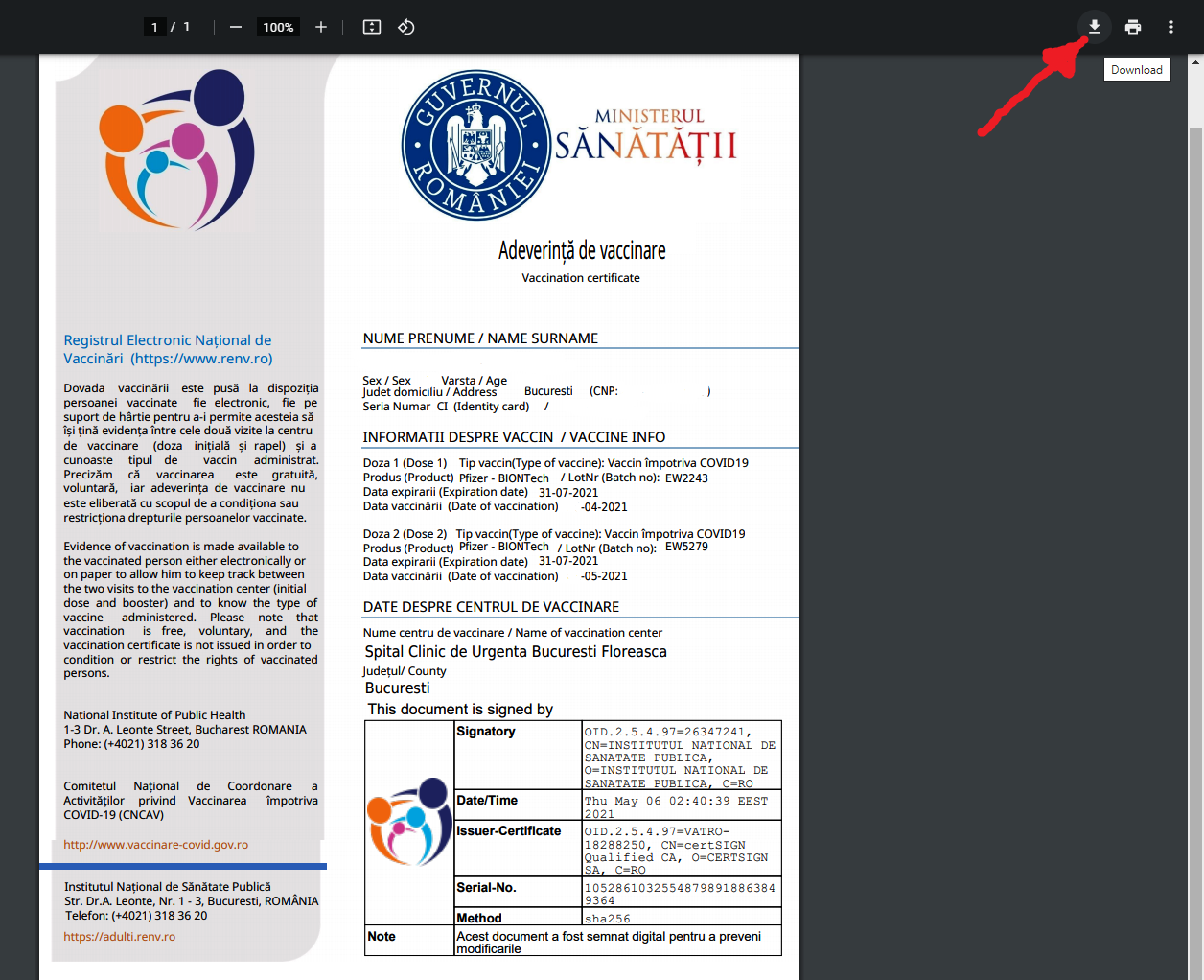 ADEVERINTA DE VACCINARE PREGATITA PENTRU DESCARCARE DE PE INTERNET