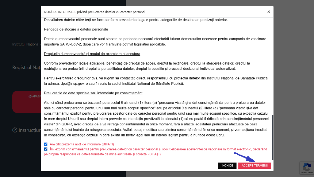 BIFAREA CELOR DOUA PATRATELE SI CLICK PE BUTONUL ROSU ACCEPT TERMENII