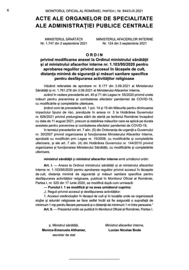 ORDIN PRIVIND DISTANTAREA FIZICA OBLIGATORIE DE MINIMUM UN METRU INTRE CREDINCIOSII BISERICII - 3 SEPTEMBRIE 2021