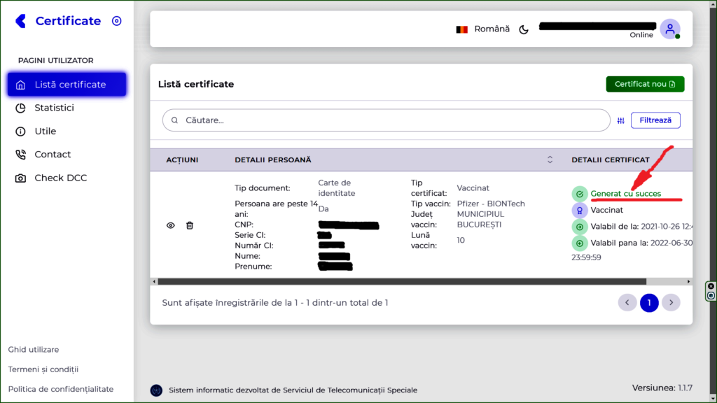 CERTIFICATUL VERDE A FOST GENERAT CU SUCCES