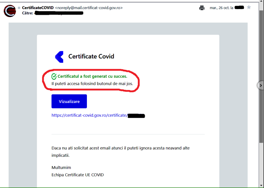 CONFIRMARE PRIN MESAJ E-MAIL IN CARE SUNT ANUNTAT CA CERTIFICATUL VERDE A FOST GENERAT CU SUCCES