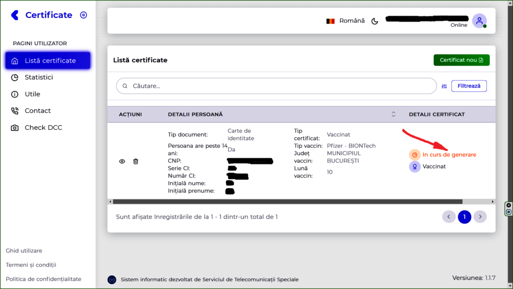 DUPA APASAREA BUTONULUI SALVARE OBSERVAM CA CERTIFICATUL VERDE ESTE IN CURS DE GENERARE