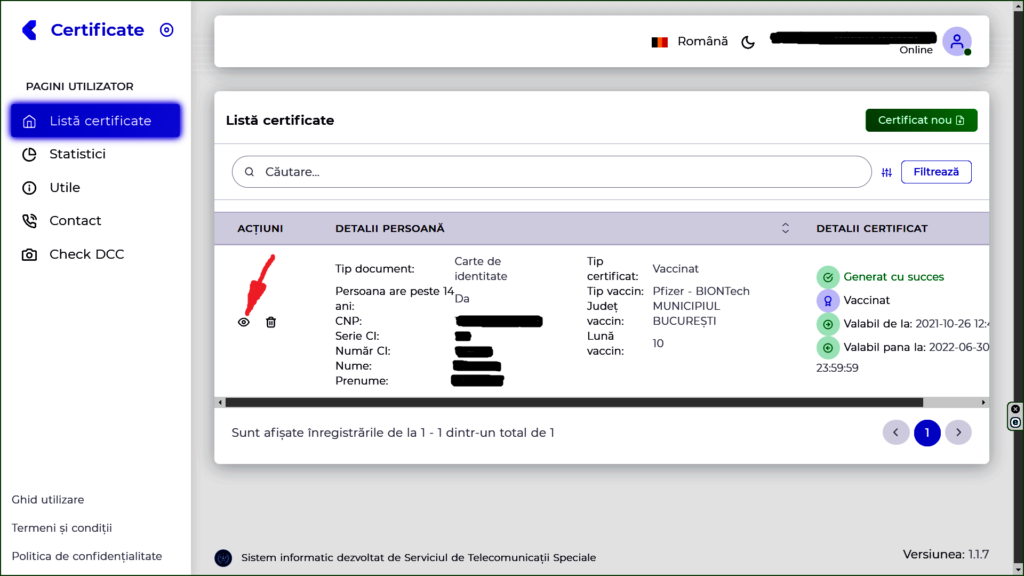 OCHIUL CA BUTON VIRTUAL ONLINE NECESAR PENTRU VIZUALIZARE SI DESCARCARE CERTIFICAT VERDE DE PE INTERNET