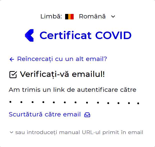 TRIMITERE LINK AUTENTIFICARE SPRE ADRESA E-MAIL SOLICITANT CERTIFICAT COVID
